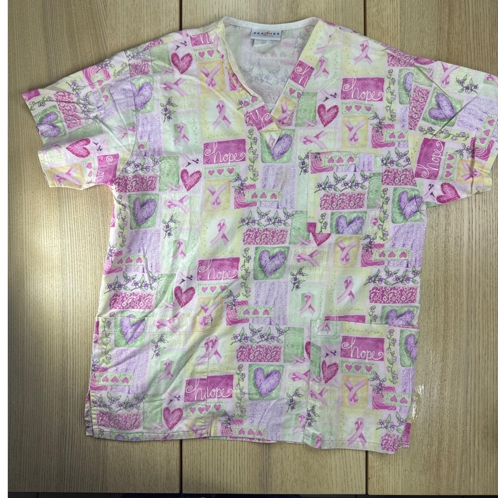 Peaches Uniforms Breast Cancer Awareness Scrub Top Pink Ribbon Hope Cotton Small